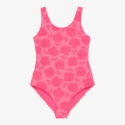 Pink swimsuit with shell pattern on a white background