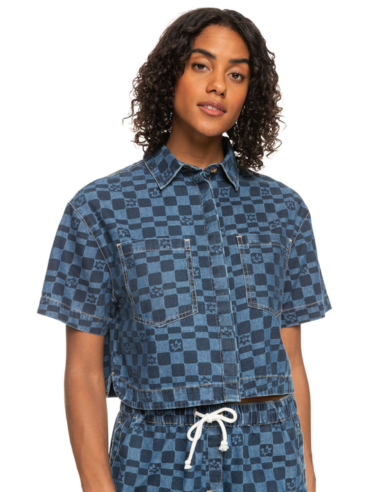 Womens Blue Wave Club Printed Short Sleeve Denim Shirt - Roxy Malaysia