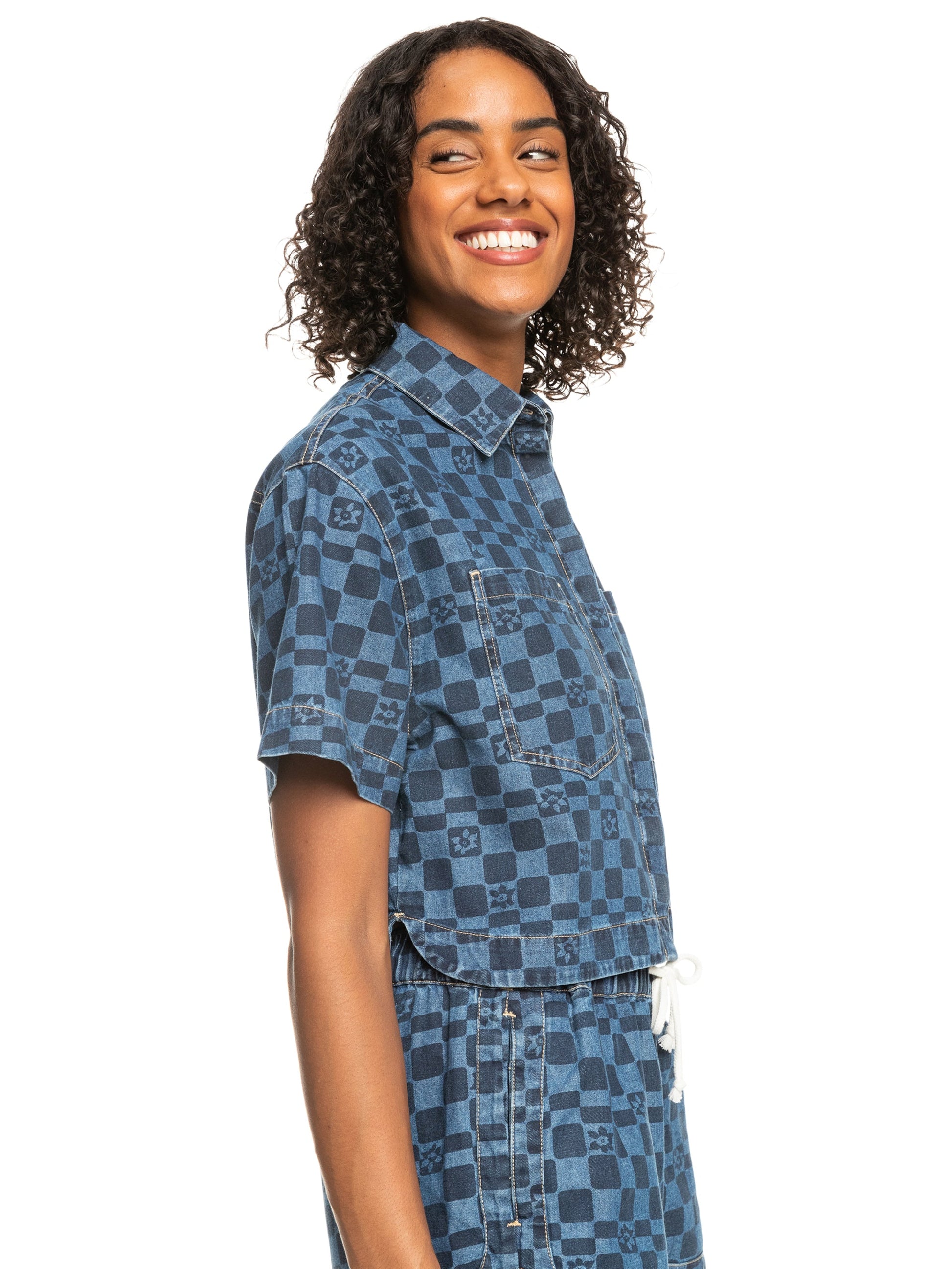 Womens Blue Wave Club Printed Short Sleeve Denim Shirt - Roxy Malaysia